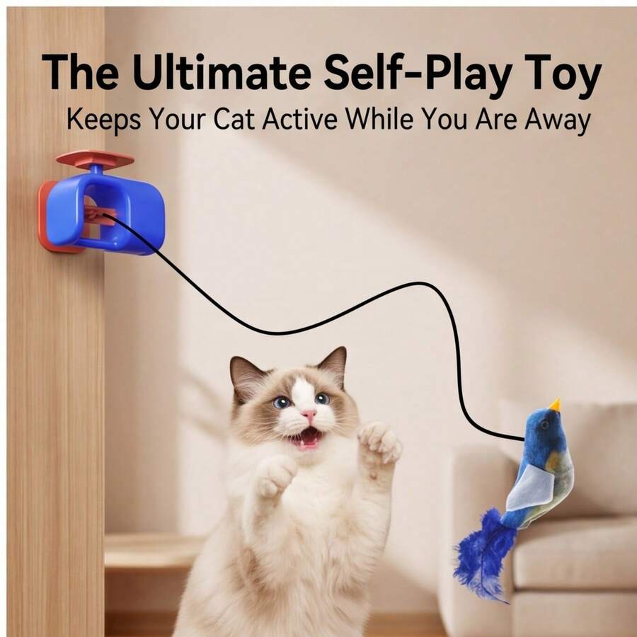 USB充电式自动升降鸣叫鸟猫玩具，300mAh，互动悬挂式猫玩具，适用于门框、桌面、猫树，室内幼猫狩猎和运动玩具