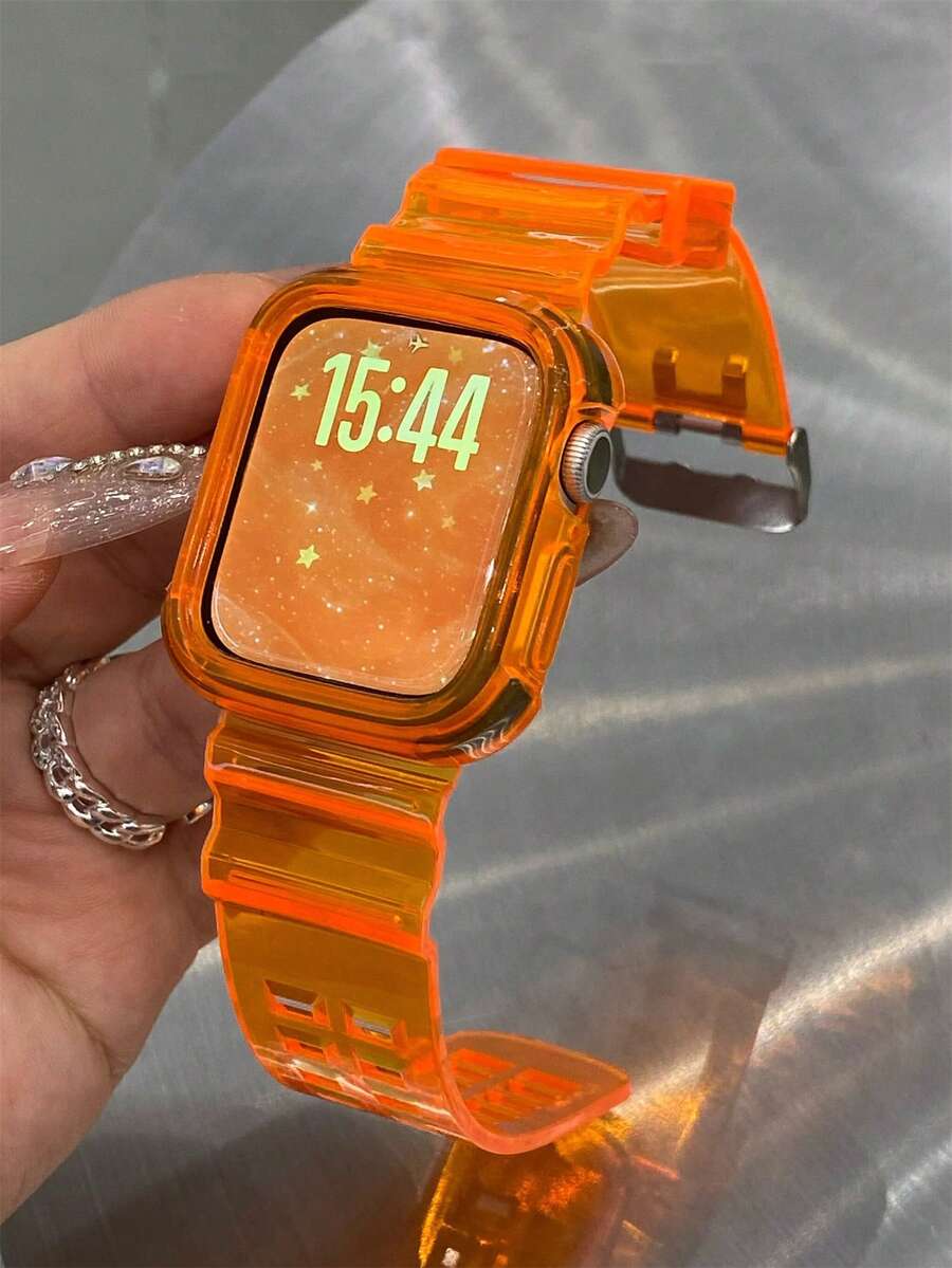 1条荧光色一体式透明冰川表带 + 防震保护壳，兼容表带46mm 42mm 44mm 45mm 38mm 40mm 41mm，夏季透气舒适表带，兼容 Series 11 10 9 8 3 4 5 6 SE 7 2 1，时尚防摔保护表带配件
