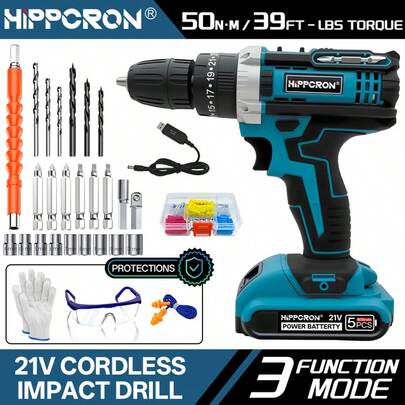 Juego de taladro de impacto inalámbrico HIPPCRON de 21V, 50N.M de par, 25+3 ajustes de par, portabrocas sin llave de 3/8", luz LED, batería de carga rápida + 24 accesorios