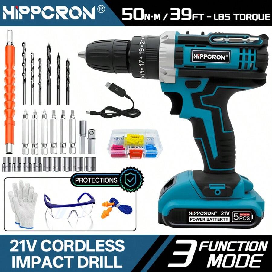HIPPCRON 21V Cordless Impact Drill Set, 50N.M Torque, 25+3 Torque Settings, 3/8" Keyless Chuck, LED Light, Fast Charging Battery + 24 Accessories - Black - View 1