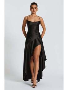Satin Maxi Dress, Sexy Spaghetti Strap Open Back Ruffle Irregular Hem, Evening Party Prom Gown - Đỏ - Xem 11