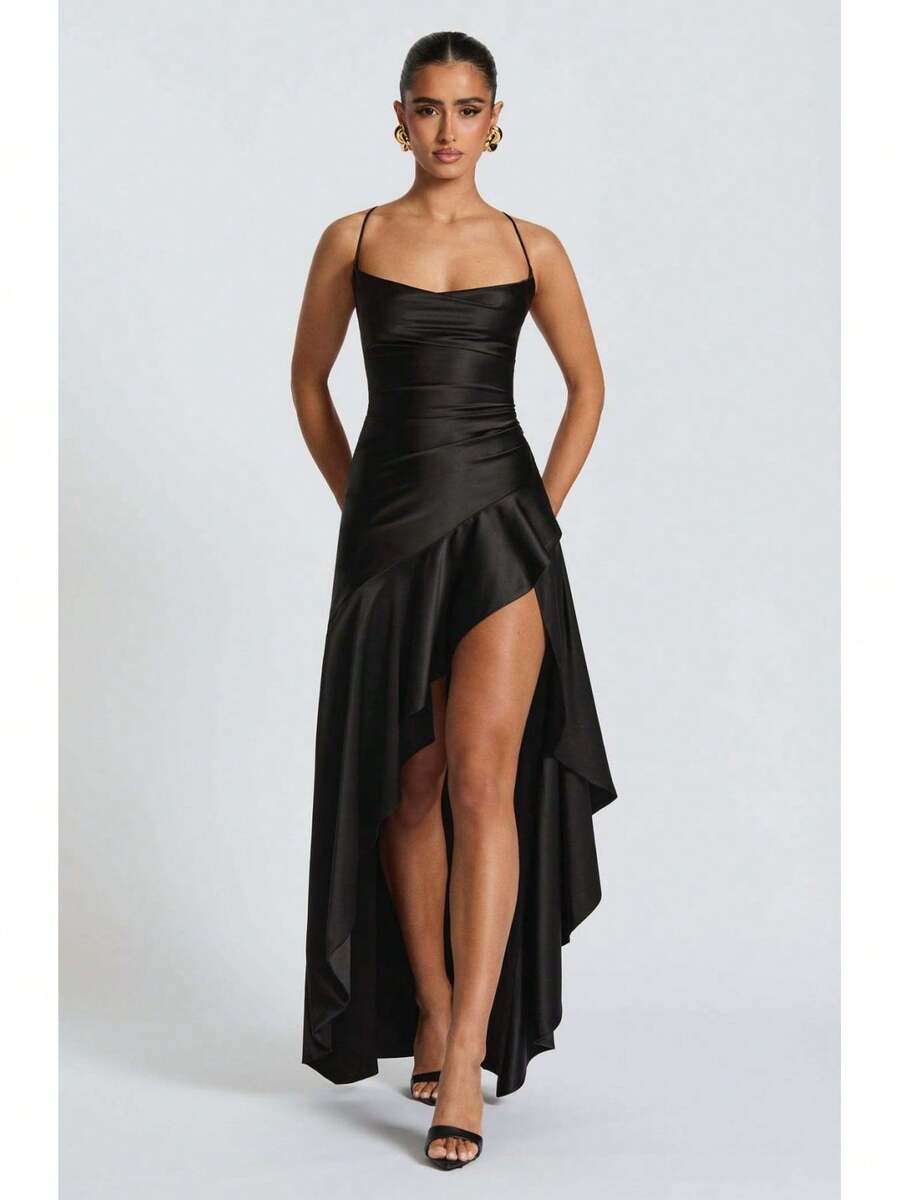 Satin Maxi Dress, Sexy Spaghetti Strap Open Back Ruffle Irregular Hem, Evening Party Prom Gown - Black - View 1