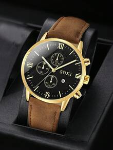 1 reloj de hombre, con función de calendario, esfera redonda de moda con movimiento de cuarzo, correa de PU, adecuado para uso diario, regalo de cumpleaños, fiesta, reunión festiva, regalo ideal para ti o tus amigos. No incluye caja de embalaje. - Marrón - Ver 2