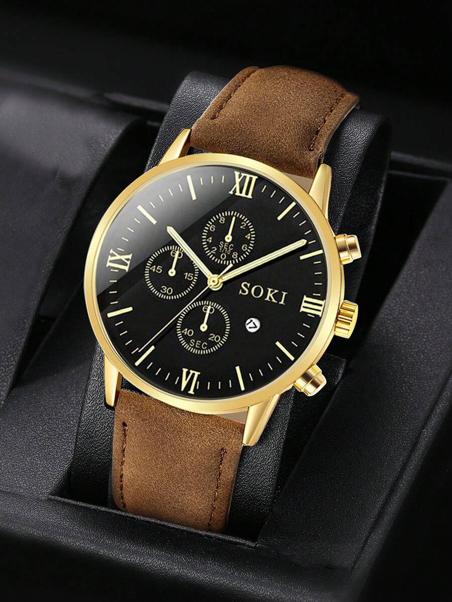 1 reloj de hombre, con función de calendario, esfera redonda de moda con movimiento de cuarzo, correa de PU, adecuado para uso diario, regalo de cumpleaños, fiesta, reunión festiva, regalo ideal para ti o tus amigos. No incluye caja de embalaje.