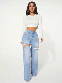 Single Button Cut Out Ripped Frayed Wide Leg Jeans QNWC - Light Wash 2 - View 5