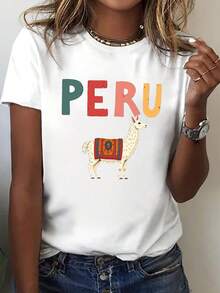 PERU Llama diseño estampado camiseta, manga corta cuello de tripulación top casual para verano y primavera, ropa de mujer - Blanco - Ver 2