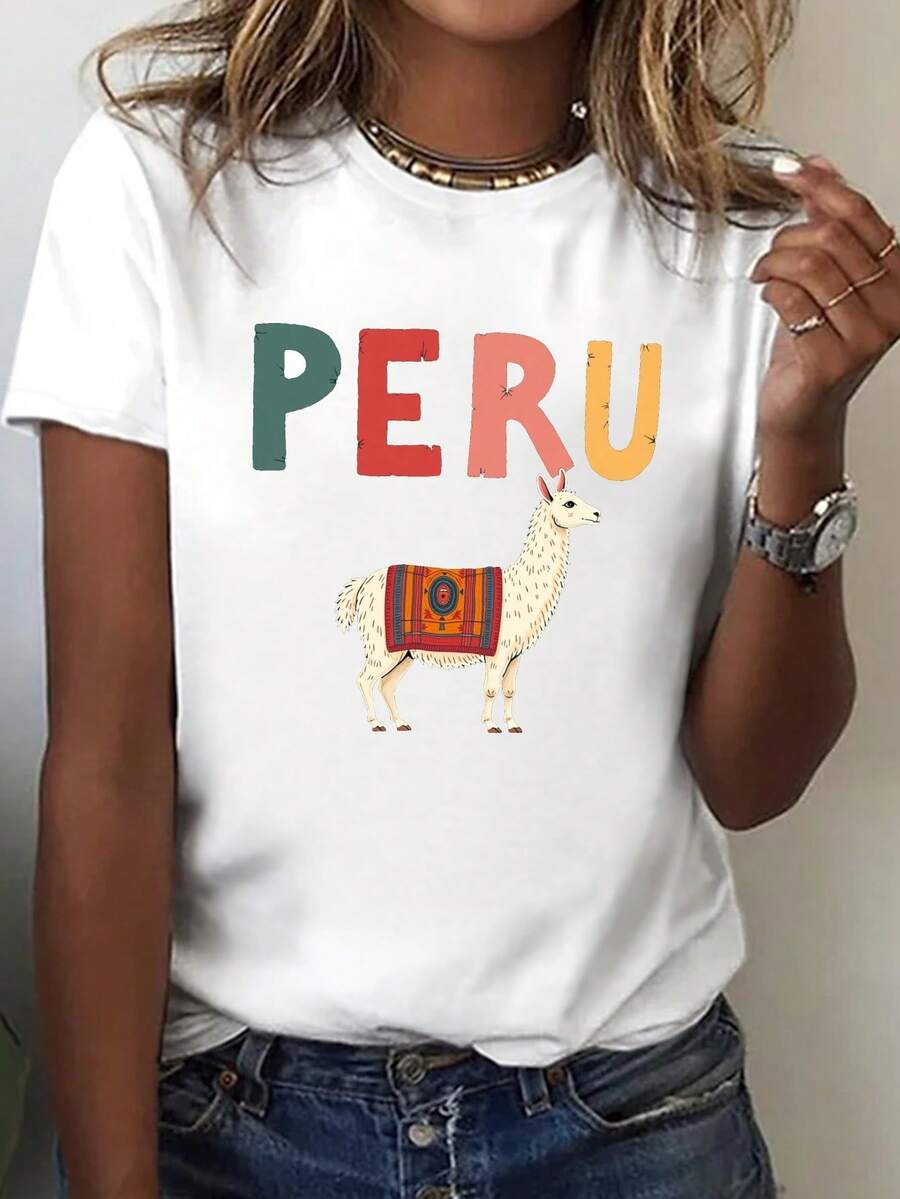 PERU Llama diseño estampado camiseta, manga corta cuello de tripulación top casual para verano y primavera, ropa de mujer