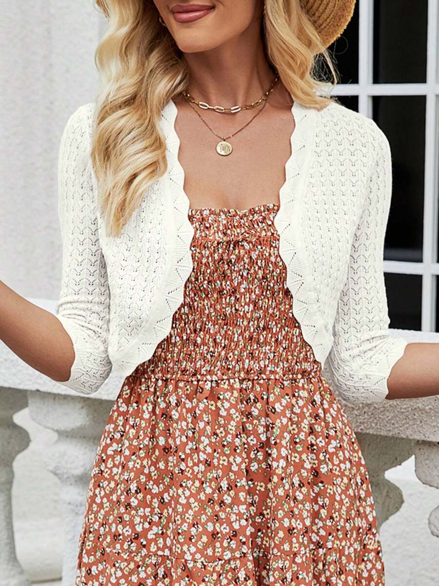 Women's Bolero Shrug 3/4 Sleeve Cropped Cardigan Knit Sweaters Open Front Spring And Summer Casual Elegant Jacket For Dresses - White - View 1