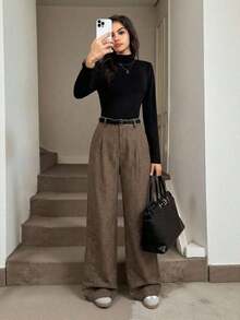 Pantalones plegados elegantes con bolsillos para mujeres maestras, pantalones de otoño/invierno de cintura alta, pantalones de pierna ancha, pantalones sueltos, pantalones holgados, pantalones de negocios profesionales para mujeres, pantalones - Marrón - Ver 3