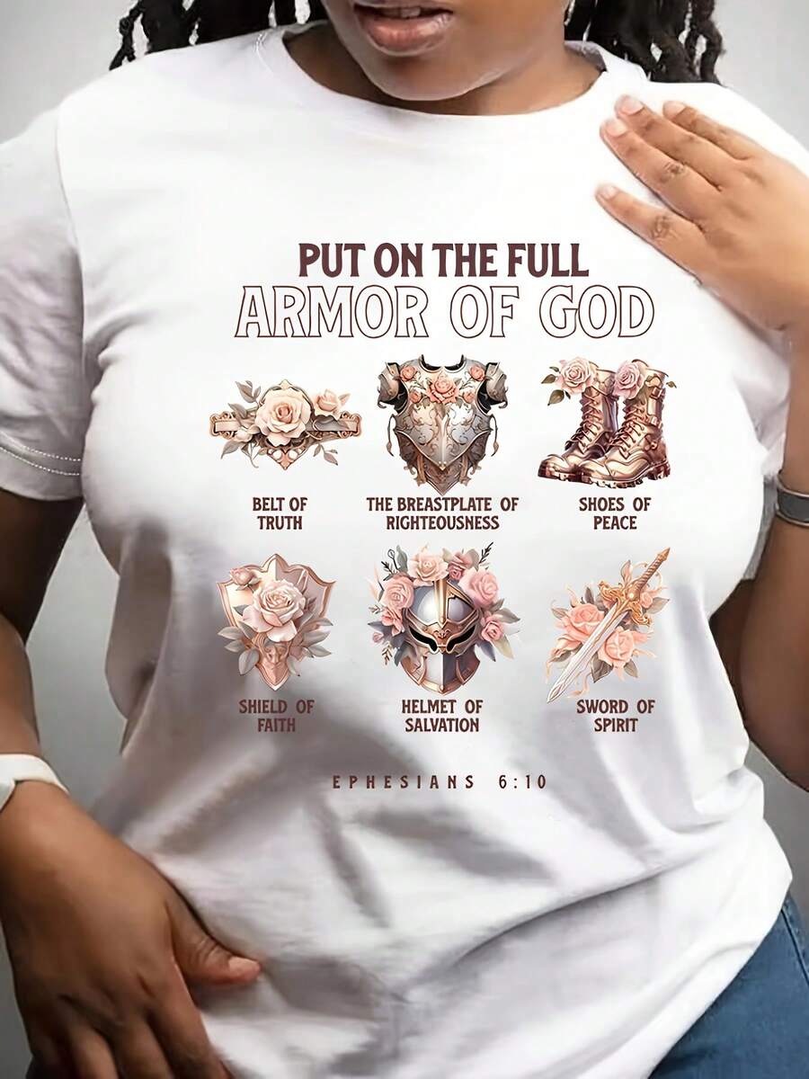 Camiseta de cuello de tripulación de manga corta de mujer con estampado de Efesios con armadura cruzada de estilo direccional