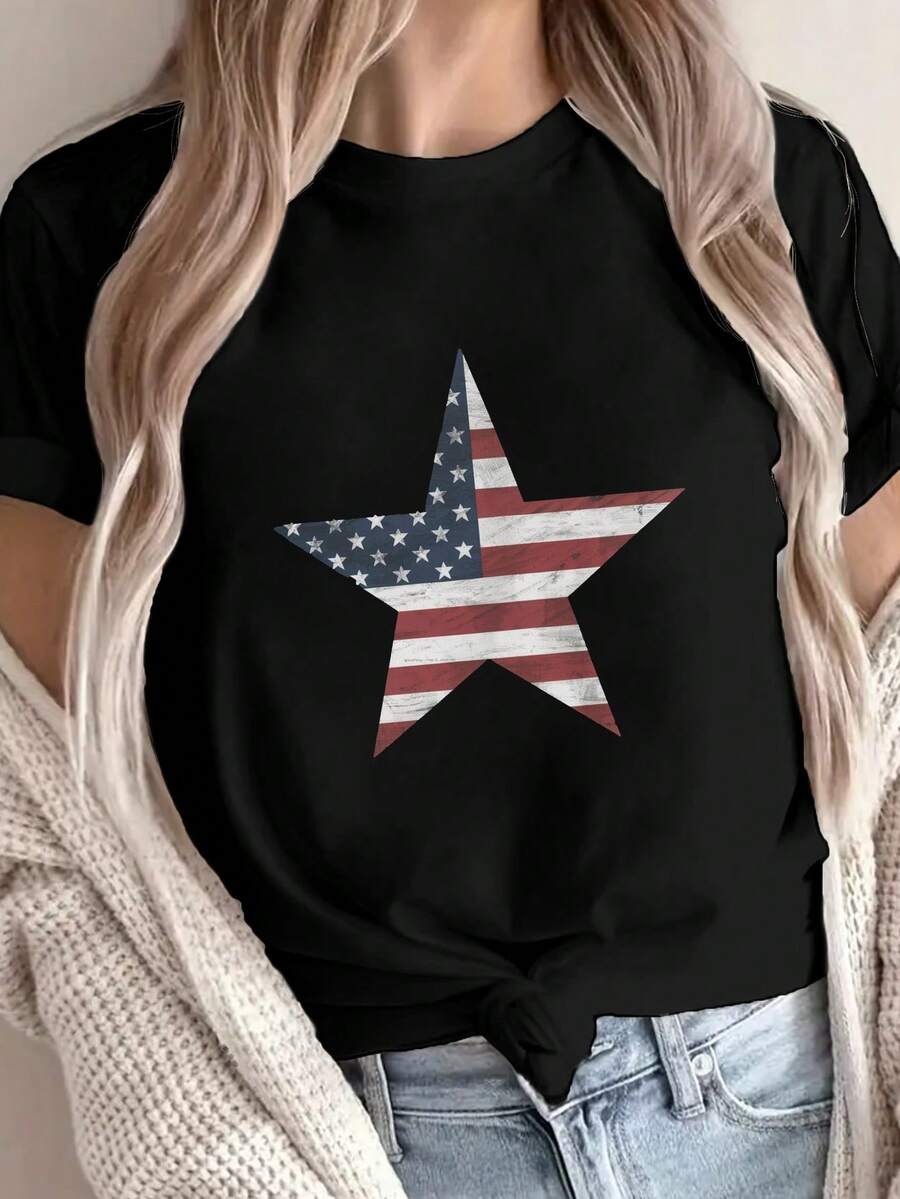 Women's White American Flag Star Print T-Shirt - Oversized Short Sleeve Crew Neck Red White Blue Star Design, All Season Comfort And Machine Washable - Patriotic Casual Outfit For 4th Of July And National Holidays, Vacation Outfit, Summer Fashion, Breathable Fabric, Durable Construction, Printed Tee, Summer Wardrobe, Holiday Shoppers - 黑色 - 查看 1