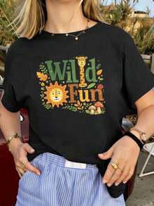 Round Neck T-Shirt With Wild Fun Graphic Print, 100% Cotton, Loose Fit, Casual Style, Breathable. 100% Cotton Casual Blouses For Women - 黑色 - 查看 1