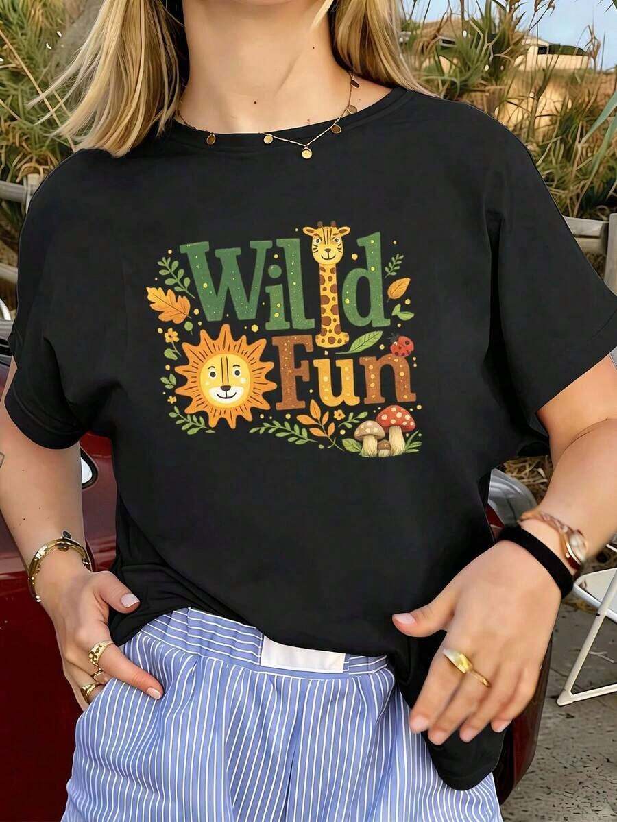 Round Neck T-Shirt With Wild Fun Graphic Print, 100% Cotton, Loose Fit, Casual Style, Breathable. 100% Cotton Casual Blouses For Women - 黑色 - 查看 1