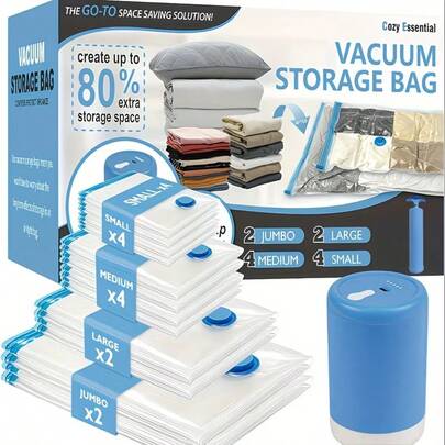 8/12pcs Vacuum Storage Bags Set With Manual Air Pump, 80% Compression Ratio, Reusable, Space Saving For Clothes, Bedding, Pillows, Blankets, Curtains, Home Goods, Luggage