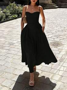 2026 Spring New Women's Clothing: Cross-Border European And American Dress, Elegant French Retro Waist-Cinching Strap Dress - 黑色 - 查看 8