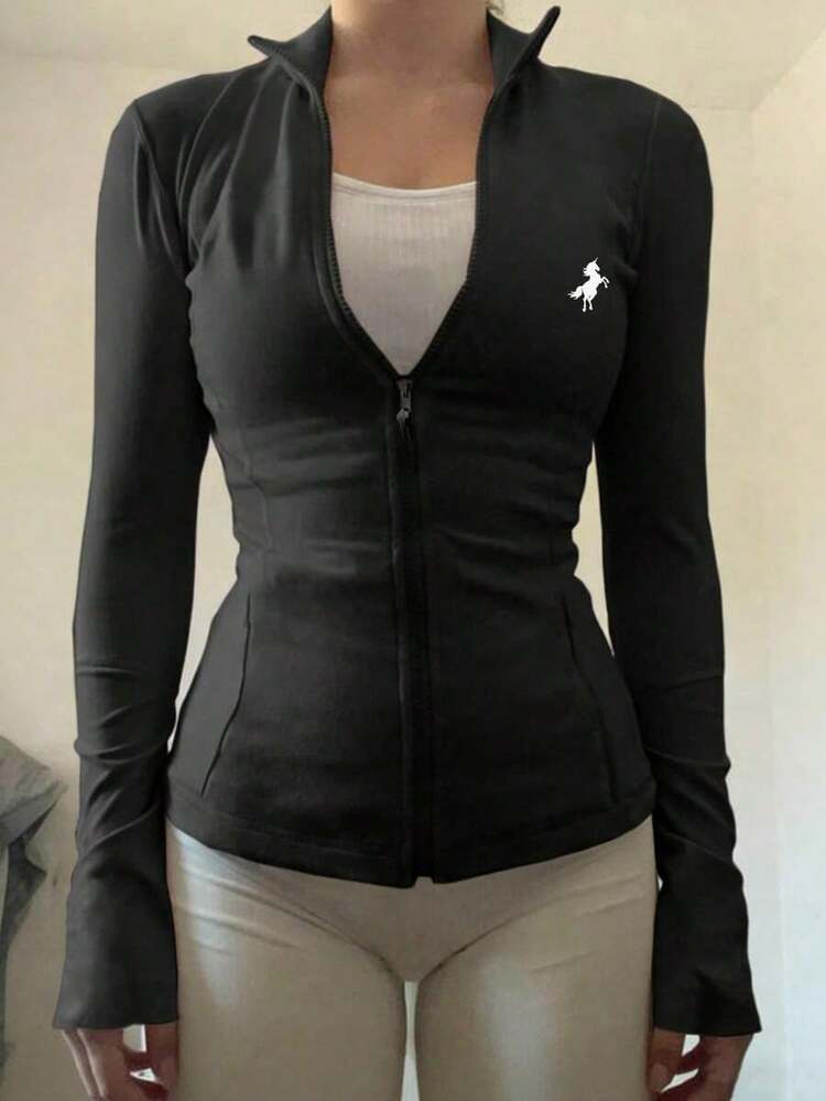 Chaqueta ajustada de punto para mujer, color morado sólido, manga larga, cuello alto y cierre de cremallera frontal, estilo deportivo casual y favorecedor, ideal para primavera y otoño, actividades al aire libre, gimnasio, yoga, uso diario y combinaciones con leggings y pantalones deportivos - Negro 3 - Añade 1