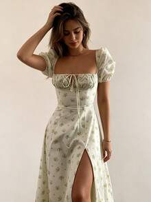 2026 Spring New Women's Clothing: Cross-Border European And American Dress, Elegant Floral Print Long Dress With Slit And Tie - 白綠色 - 查看 5