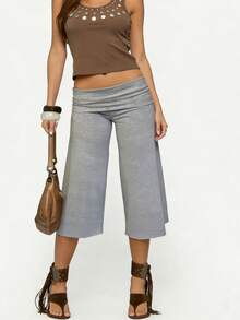 Women Yoga Capri Pants Wide Leg Cropped Pants With Fold Over Waistband For Fitness Workout Light Grey Lounge Pants For Women Elastic Waist 3/4 Length Pants Casual Culottes Trousers For Daily Wear - 淺灰色 - 查看 2