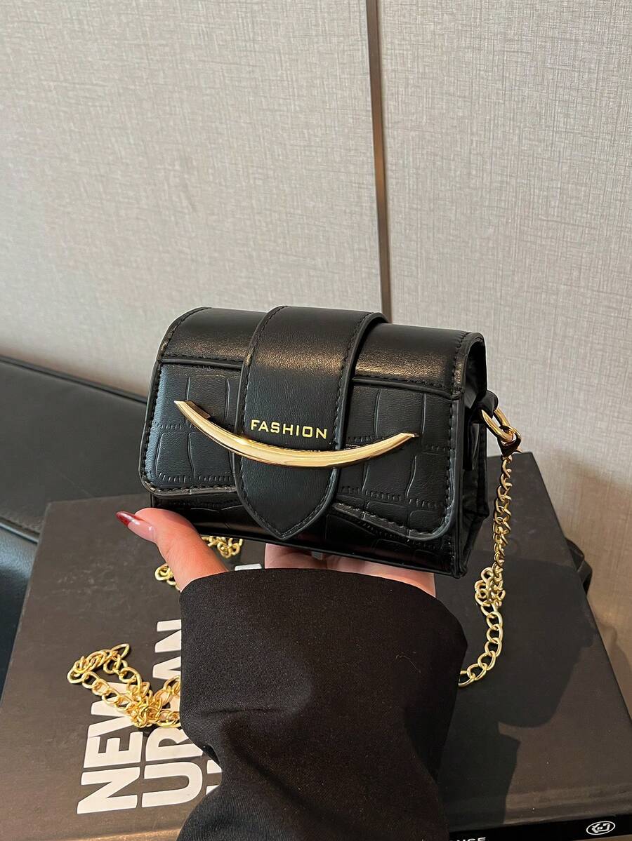 迷你金属装饰斜挎包,时尚翻盖PU皮革金属链条肩带腋下包,女士时尚钱包 - 黑色 - 查看 1