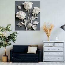 Pintura en lienzo de rosa blanca enmarcada, plana 2D - Relieve floral realista con marco envolvente, adecuada para decoración - Panel de relieve botánico de fondo para dormitorio, oficina - Panel decorativo moderno minimalista - Enmarcado - Ver 5