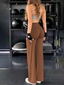 de pantalones anchos de yoga de unicolor y holgados para mujeres, cómodos y versátiles, adecuados para correr, fitness y deportes de yoga - Café integral - Ver 6