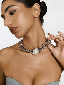 Kryxie 1 Buah Kalung Choker Rantai Curb Tebal Warna Emas untuk Wanita, Choker Manset dengan Gesper Magnetik - Perak - View 5