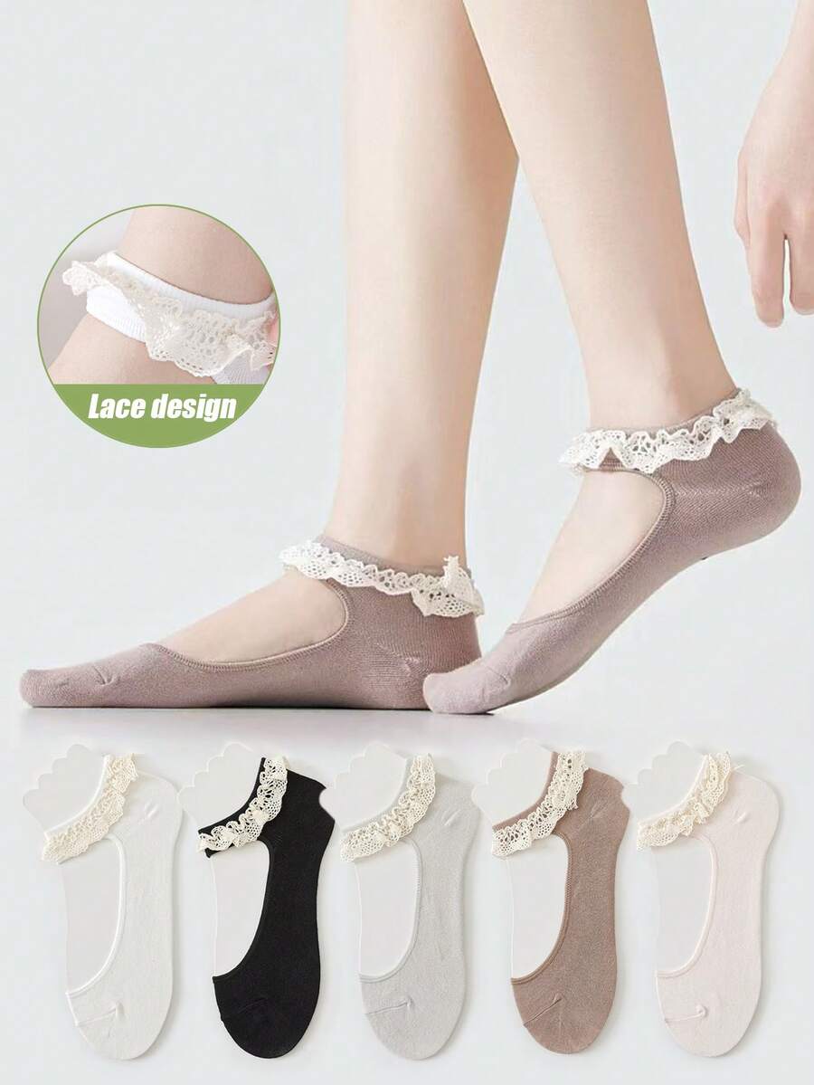 1/2/3/5 paires de chaussettes de cheville en dentelle noire et blanche pour femmes, chaussettes courtes et mignonnes avec bordure en dentelle et nœud, style ballet, printemps/été - Multicolore - Voir 1
