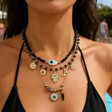 3pcs/Set Bohemian Style Fashion Necklace With Eye, Hand, Star, Moon, Sun Pendant Beaded Chain, Suitable For Women As Daily, Casual, Holiday Matching Accessory - Black - View 2