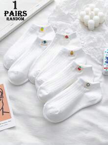 1/6 Pair [Random Delivery] Japanese Minimalist Vertical Stripe White Socks, Cute Fruit Cartoon Fabric Label Low Vamp Socks, Fresh Interesting Pattern Label, Breathable Women Short Socks, Fashion, Comfortable Material, Essential For Daily Outfit - White - View 8
