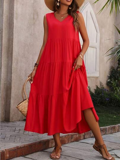 red loose fitting dress Elegant Red Midi Dress - All Dresses