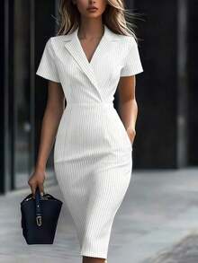 Vestido midi a rayas para mujer, estilo blazer con solapa, manga corta, ajustado, ideal para trabajo y casual - Blanco y Negro - Ver 1