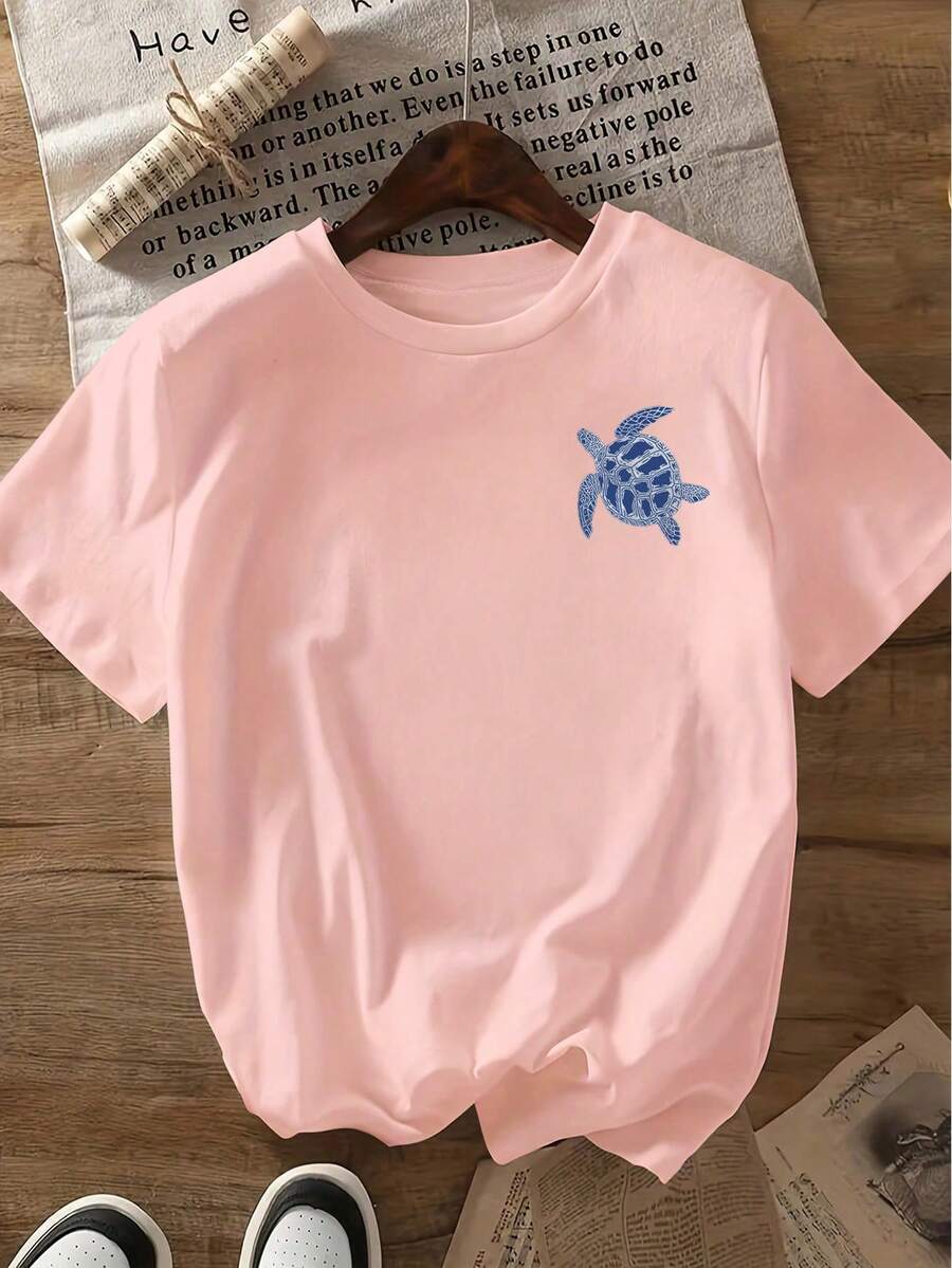 Bow Print Loose Short Sleeve T-Shirt, Spring/Summer Casual - Baby Pink - View 1