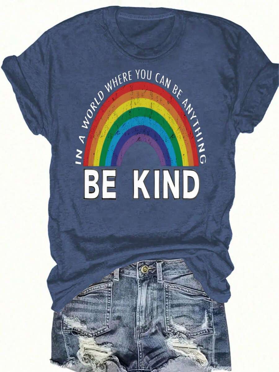 Women's Reading Rainbow Graphic Tee With Book Design Tee, Soft, Heavyweight, Fitted Fit, Print, Graphic, Design, Book, Rainbow Print, For Casual - 藏藍色-4 - 查看 1