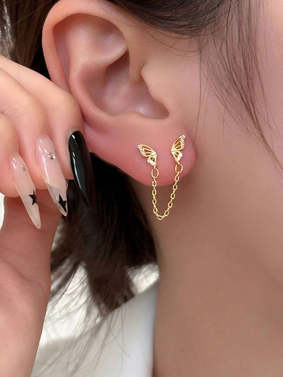 1 đôi bông tai hình bướm đính đá, kiểu dáng tối giản, có tua rua, thích hợp cho tai xỏ hai lỗ. - Vàng - Xem 1