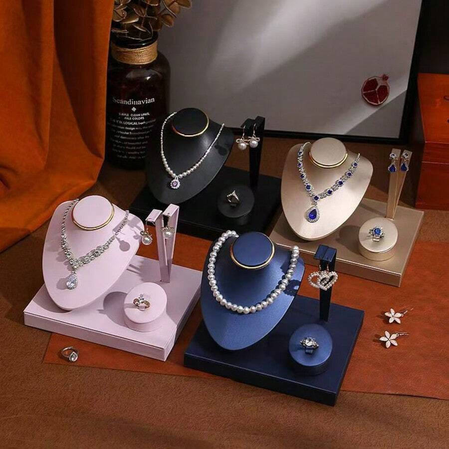 1 Peça Suporte de Exibição de Joias em Couro PU, Armazenamento Compartimentado para Colares, Brincos, Anéis, Adequado para Casa, Casamento, Presente para Amigos e Namoradas - Suporte para joias escovado - Visão 1