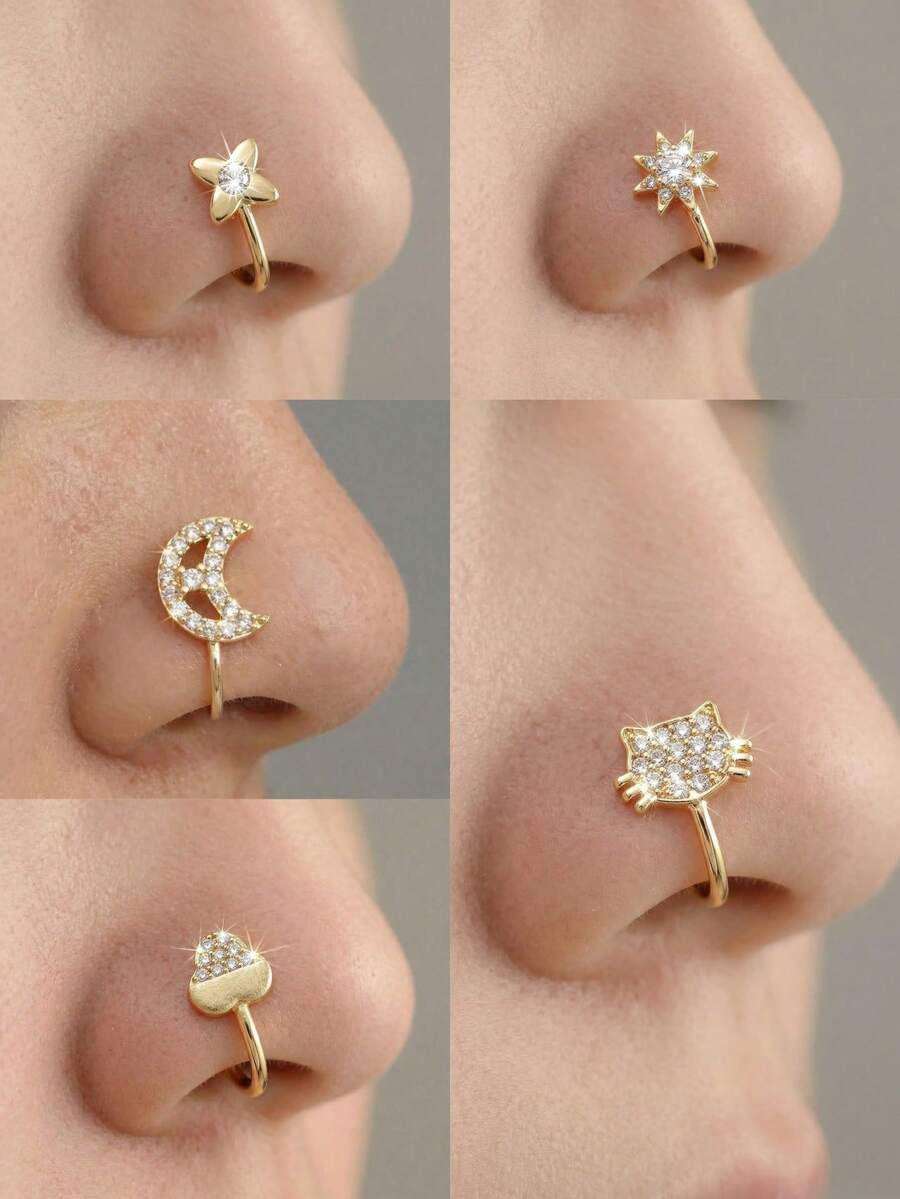 CHOSHILAR 5件套金色无穿孔鼻环套装 - 月亮、八角星、猫形可调节鼻夹,镶嵌立方氧化锆,适合日常佩戴、派对、海滩、音乐节、毕业典礼、母亲节、感恩节等场合 - 送给女性、妈妈、女儿的礼物 - 金色26 - 查看 1