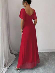 Elenzya Vestido morado claro con cuello en V, mangas con volantes, cintura plisada y abertura, vestido elegante de dama de honor, vestido de fiesta, primavera/verano - Rojo - Ver 2