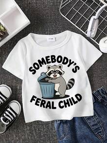 Somebody's Wildness Child - Trash Panda Raccoon Cartoon Print Short-Sleeve T-Shirt For Children And Babies, A Stylish And Casual Round-Neck Top Suitable For Boys And Girls To Wear All Year Round. - 白色3 - 查看 2