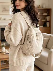 2026 New Minimalist And Versatile Solid Color Corduroy Backpack For Women, Adjustable For Daily Use, School And Travel, Gift - Army Green - View 3