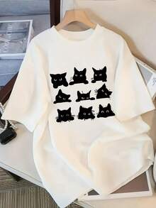 Top Pick Local Black Cats Peeking T-Shirt | Women's T-Shirt, Women's Seasonal Fashion T-Shirts | Playful Design | Durable Fabric | Casual Style | All Season Wear - 白色 - 查看 1