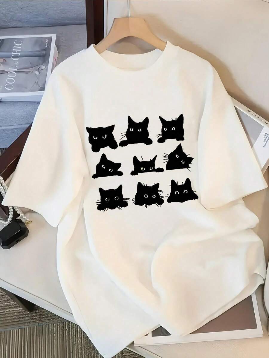 Top Pick Local Black Cats Peeking T-Shirt | Women's T-Shirt, Women's Seasonal Fashion T-Shirts | Playful Design | Durable Fabric | Casual Style | All Season Wear - 白色 - 查看 1
