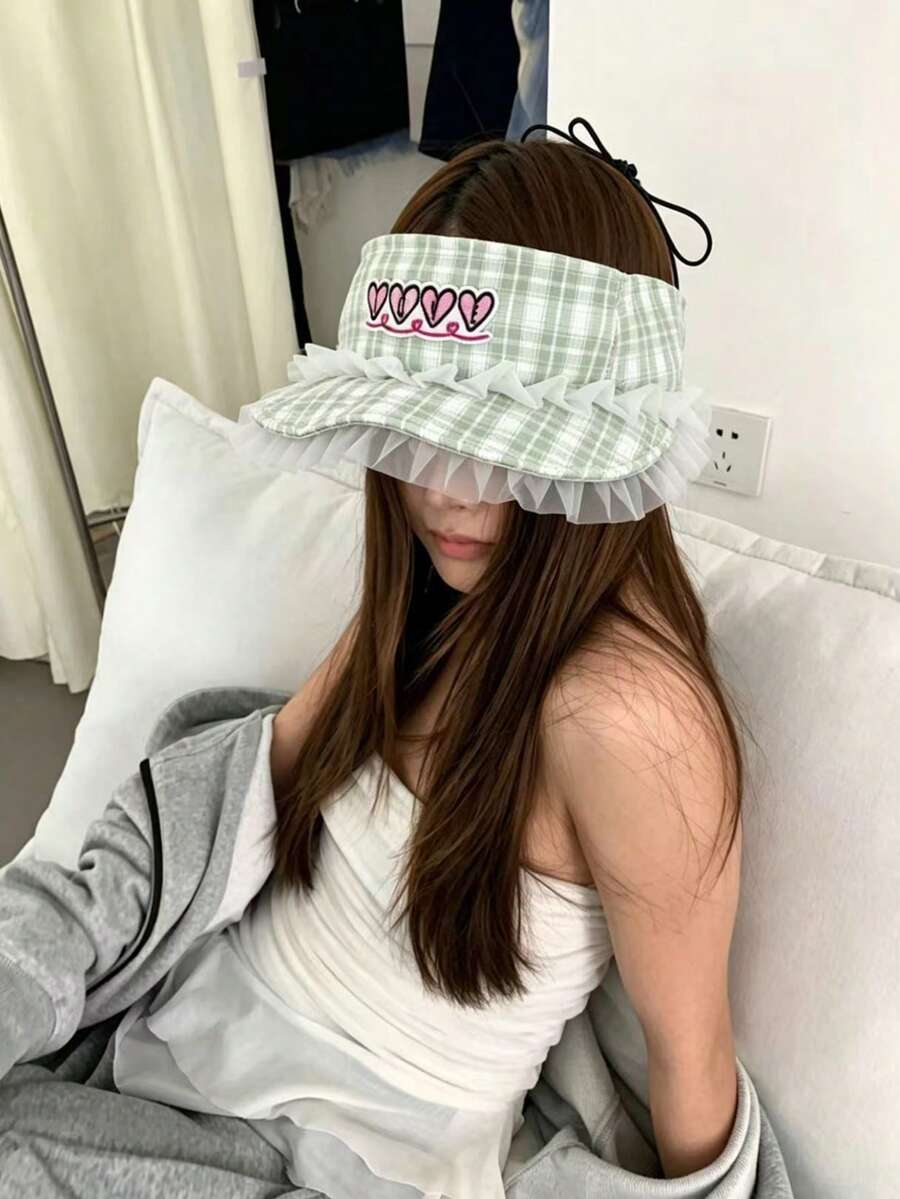 甜美格子蕾丝开顶帽，女士夏季透气防紫外线鸭舌帽，可爱修脸镂空遮阳帽