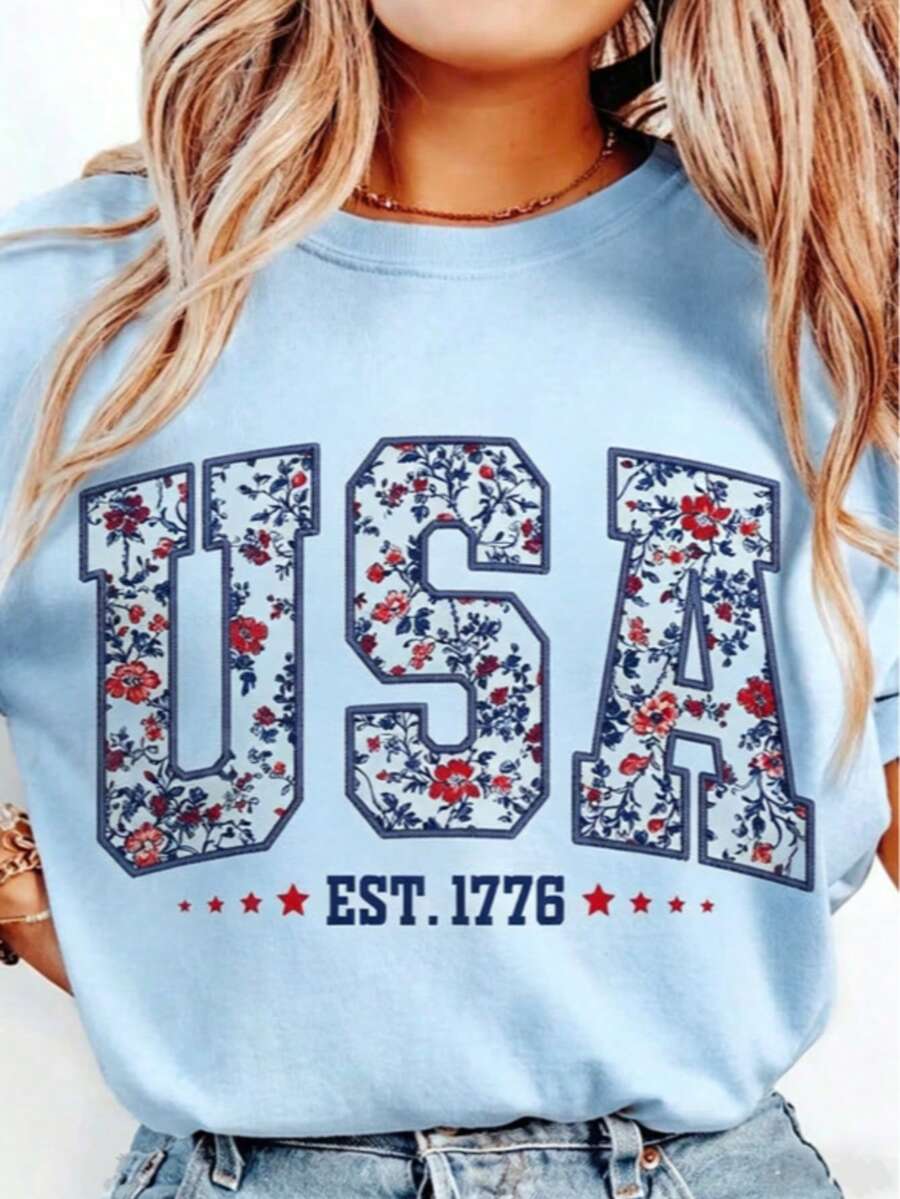 Floral USA Shirt, Retro America Shirt, 4th Of July PNG, 4th Of July, Retro USA ,Soft Cotton, Unisex Fit, Classic Design-Loose-Fit Easy Relaxed Styl - 淺藍色 - 查看 1