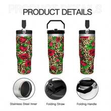 30Oz Stainless Steel Water Bottle With Straw For Sports, Travel, And School Sports Water Bottle, Keeps Water Warm For Over 24 Hours, Sealable, Portable, Flip Top, Ideal For Hot And Cold Beverages, Coffee, And Frozen Drinks - 豹紋7 - 查看 6