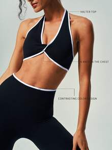 UONNOU Y2K Style Contrast Trim Camisole & High Waist Leggings Fitness Set, Spring/Summer - Black - View 3