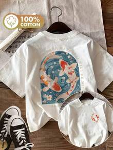 Summer Casual Top For Women With Double-Sided Print Of Koi Fish And Cherry Blossoms, Round Neck Short-Sleeved T-Shirt. - White - View 7