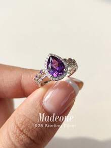 MADEONE 1 Set Luxury Purple Micro-Inlaid Zirconia Teardrop Double Layer Ring, 925 Sterling Silver Jewelry, Suitable For Women's Wedding, Ball, Party Decoration - Micro-paved Teardrop Ring - View 4