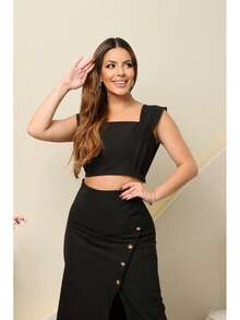 Conjunto Alfaiataria Nobre de Cropped e Saia Longa com fenda frontal - Preto - Visão 2
