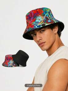1pc Floral Print Bohemian Polyester (Polyester) Reversible Bucket Hat, UV Protection, Spring/Summer/Autumn - A - View 1