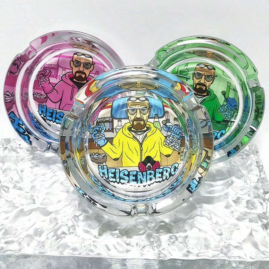 3.34-Inch Round Colorful Creative Laboratory Pattern Glass Ashtray, Cartoon Theme Ashtray, Home Decor Ashtray, Gift For Friends